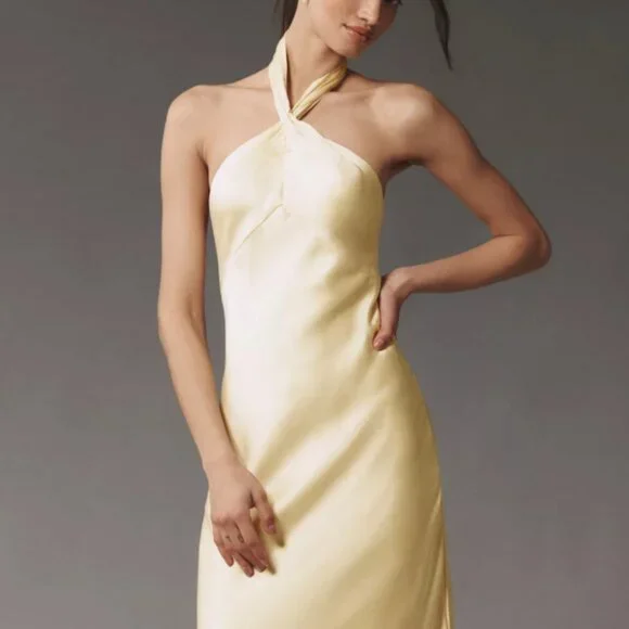 🌙 Anthropologie Halter Satin Maxi Dress – Noir Glam Luxe 🖤 - Picture 3 of 16